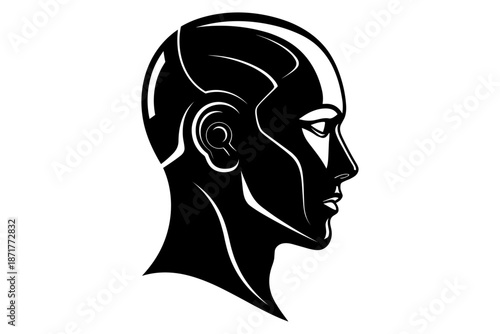 A striking monochromatic profile illustration depicting a futuristic robotic human head, embodying advanced artificial intelligence and the evolving concept of synthetic consciousness and innovation