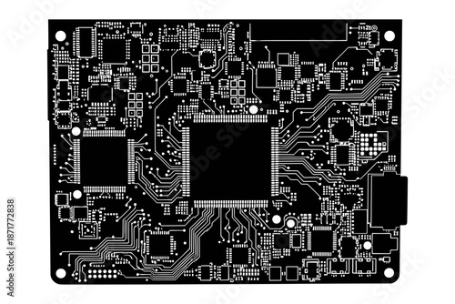 Advanced electronic circuit board with integrated processors and numerous components for complex technological applications