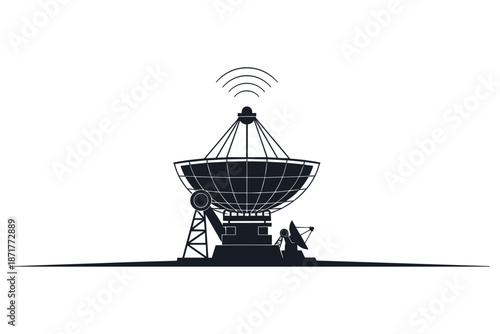 Striking silhouette of a parabolic antenna broadcasting and receiving signals, symbolizing advanced telecommunication, global connectivity, and data exchange technology
