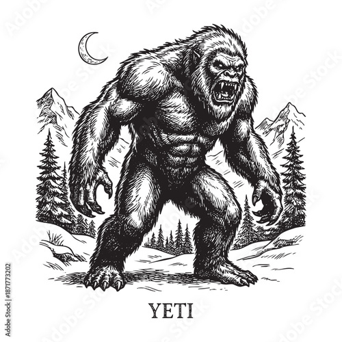 Yeti Abominable Snowman Bigfoot Winter Mountain Engraving