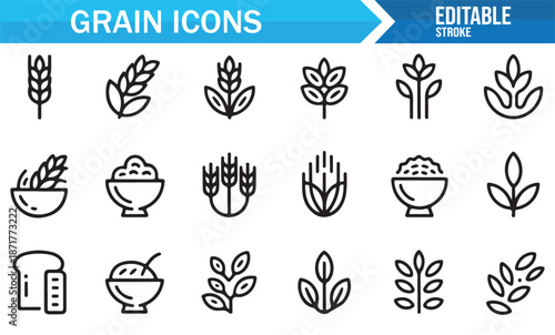 Grain crop and cereal food outline icons