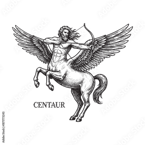Centaur Winged Horse Man Archer with Bow Engraving