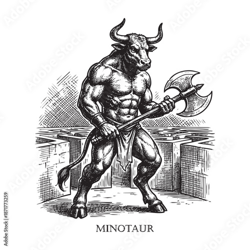 Minotaur Bull Headed Man with Axe in Labyrinth Engraving