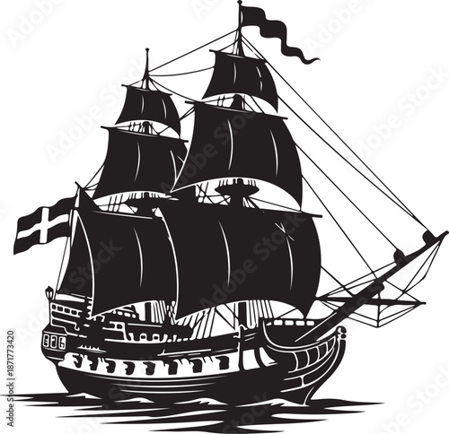 Black silhouette of a tall ship with full sails sailing ship