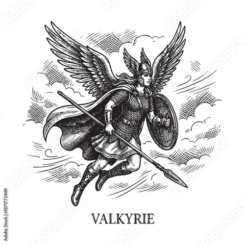 Valkyrie Norse Female Warrior in Flight Engraving Illustration