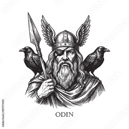 Odin Norse God with Ravens and Spear Engraving Illustration