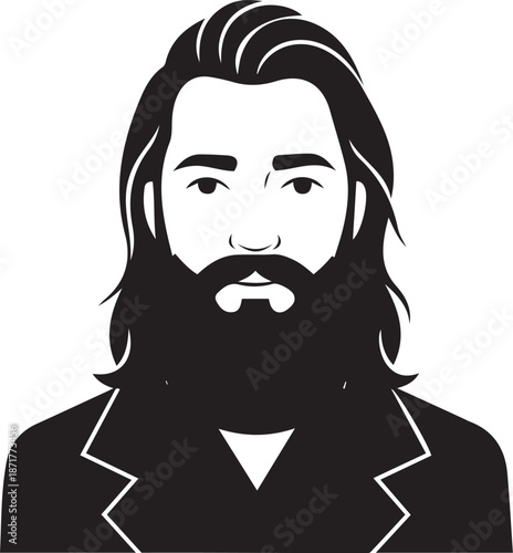 Black and white of a bearded man with long hair wearing a jacket