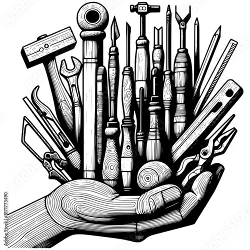 Hand holding assorted tools: The image showcases a detailed illustration of a hand tenderly cradling an array of essential tools, celebrating the spirit of craftsmanship and skilled workmanship.
