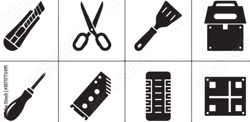 Collection of black tool on white background utility knife