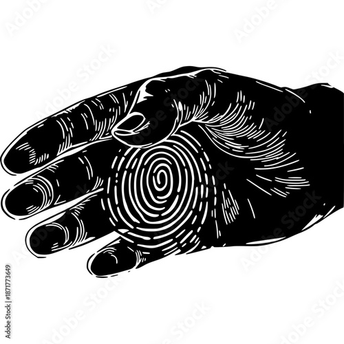 Fingerprint: A close-up illustration of a hand displaying a unique fingerprint pattern, representing identity, security, and detection.