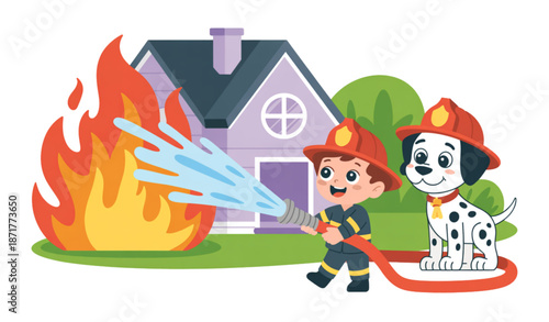 Cute kids firefighter clipart with dalmatian dog and burning building