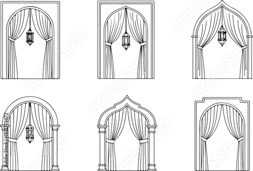 Six decorative archways with hanging lanterns and curtains