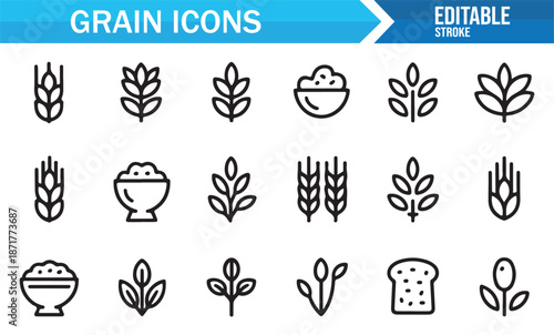 Agricultural grain and crop symbols outline icon set