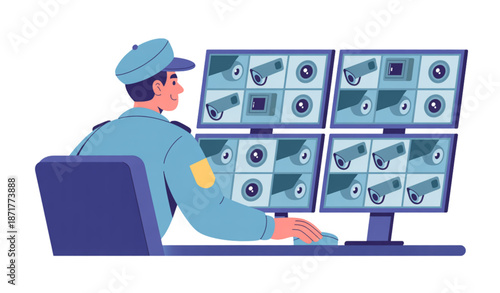 Building security control room with guard watching multiple CCTV screens at night