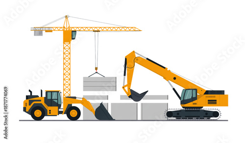 Construction heavy machinery on building site flat vector illustration
