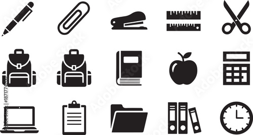 Essential School Supplies and Office Organization Silhouette Icon Collection