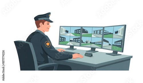 Building security surveillance control room with officer monitoring cameras
