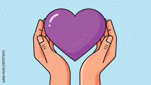 Two hands gently hold a large purple heart symbolizing love and care