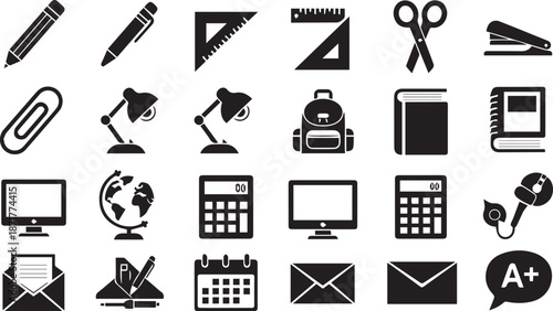 Comprehensive School Supplies and Academic Communication Silhouette Icon Set