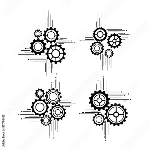 Dynamic gear clusters convey innovation, motion, and technical prowess, ideal for designs needing a modern, mechanical edge and representing efficiency.