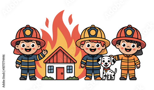 Adorable child firefighters fire rescue clipart with dalmatian dog