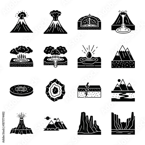 Dynamic graphic showcasing geological formations including volcanoes, mountains, and tectonic plates for educational or design projects, originally vector art