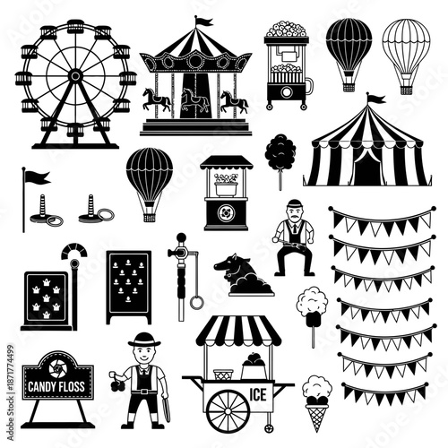 Step Right Up! Vintage Carnival and Fairground Icons with Merry-Go-Round, Ferris Wheel, Tents, and Treats for Fun and Nostalgic Designs