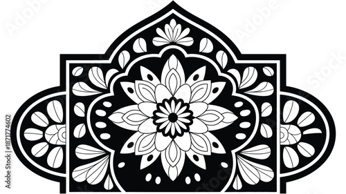 black and white floral ornament design element, a top ranked decorative illustration featuring elegant botanical patterns, classic line art style, and versatile usage for branding, invitations,
