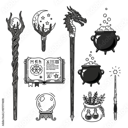 Enchanting collection of magic wands, spellbook, potions, crystal ball, and cauldron for fantasy lovers, creating a mystical and magical atmosphere