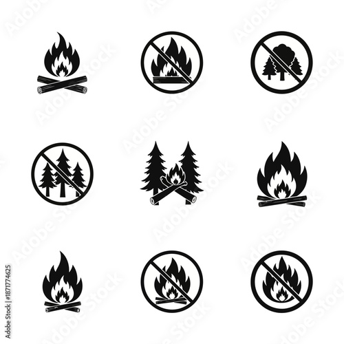 Monochrome fire safety symbols illustration: Campfire icons with prohibition signs and forestry, originally designed as scalable vector graphics
