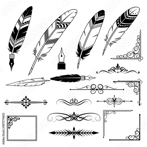 Elegant quill pen and ornate border elements for vintage designs, invitations, or artistic projects, giving a touch of classic sophistication and timeless style