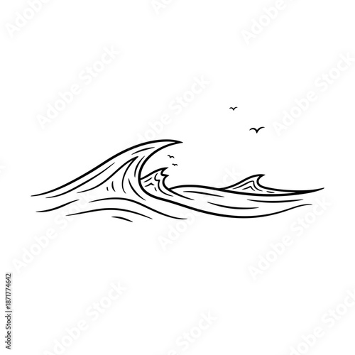 Dynamic ocean waves with soaring seabirds create a sense of freedom and adventure, perfect for travel, coastal themes, or minimalist designs originally a vector