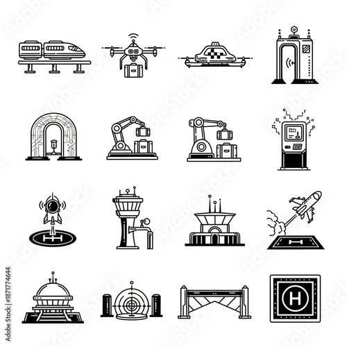 Modern airport and travel icons for innovative transportation concepts, representing automation, high speed, and future technology travel solutions