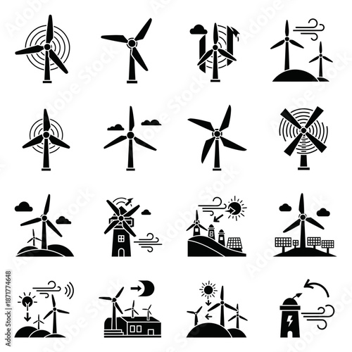 Sustainable Future Icons: Eco-Friendly Wind Energy Solutions for a Greener Planet, Clean Renewable Power Generation, Modern Turbine Technology Concepts