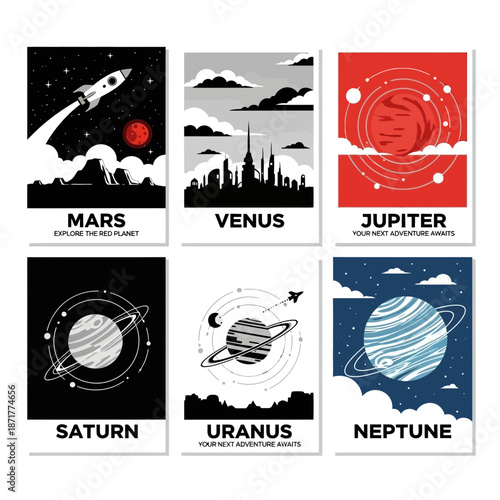 Explore the planets with this modern planetary set featuring Mars, Venus, Jupiter, Saturn, Uranus, and Neptune, perfect for space enthusiasts and educational materials