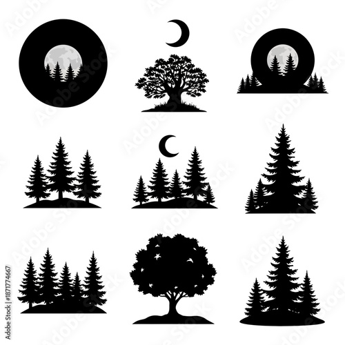 Enchanting forest silhouette designs, perfect for logos and branding, evoking nature's serenity and timeless beauty in a minimalist style, originally scalable graphics