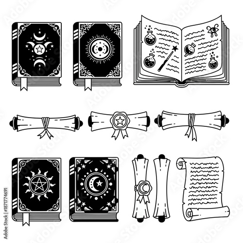 Enchanting spellbooks and scrolls for magical storytelling, perfect for fantasy games, Halloween designs, or occult projects with a mystical, antique flair
