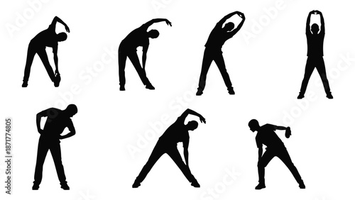 Silhouettes demonstrating various stretching exercises for flexibility and physical wellness