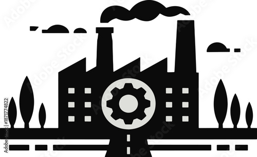 Industrial Factory Silhouette with Smoking Chimneys and Bare Trees Illustration