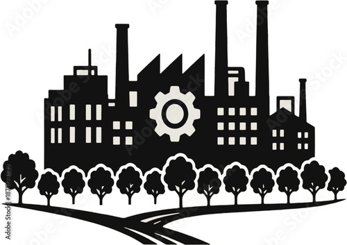 Industrial Factory Silhouette with Smoking Chimneys and Bare Trees Illustration