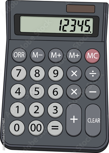 Gray calculator with a digital display showing numbers a classic office supply for accounting and calculations isolated on a white background