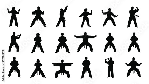 Silhouettes of people demonstrating various martial arts poses and forms