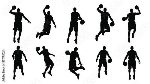 Silhouette collection of basketball players in dynamic action poses