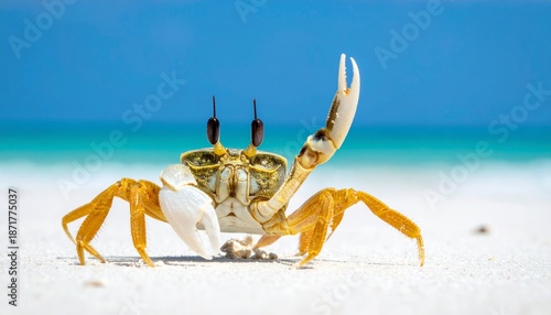 Crab standing on white sandy beach with ocean background.
