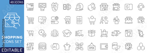 Editable outline shopping icons set featuring e-commerce, online store, cart, payment, delivery, retail, discount and customer service symbols.