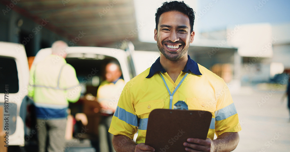 Fototapeta premium Logistics, clipboard and portrait with delivery man outdoor for supply chain, cargo checklist and export. Distribution manager, transport coordinator and quality assurance with person at warehouse