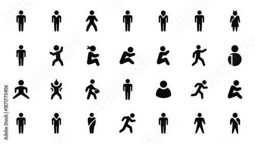 Diverse collection of simple black silhouette figures in various poses and actions
