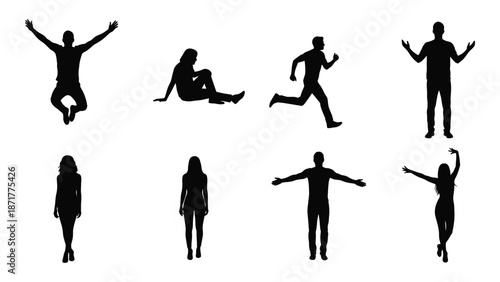 Collection of diverse human silhouettes depicting various dynamic poses and body language