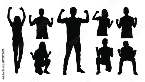 Silhouettes of people in various active and celebratory poses black and white