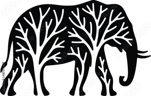 Elephant silhouette with trees